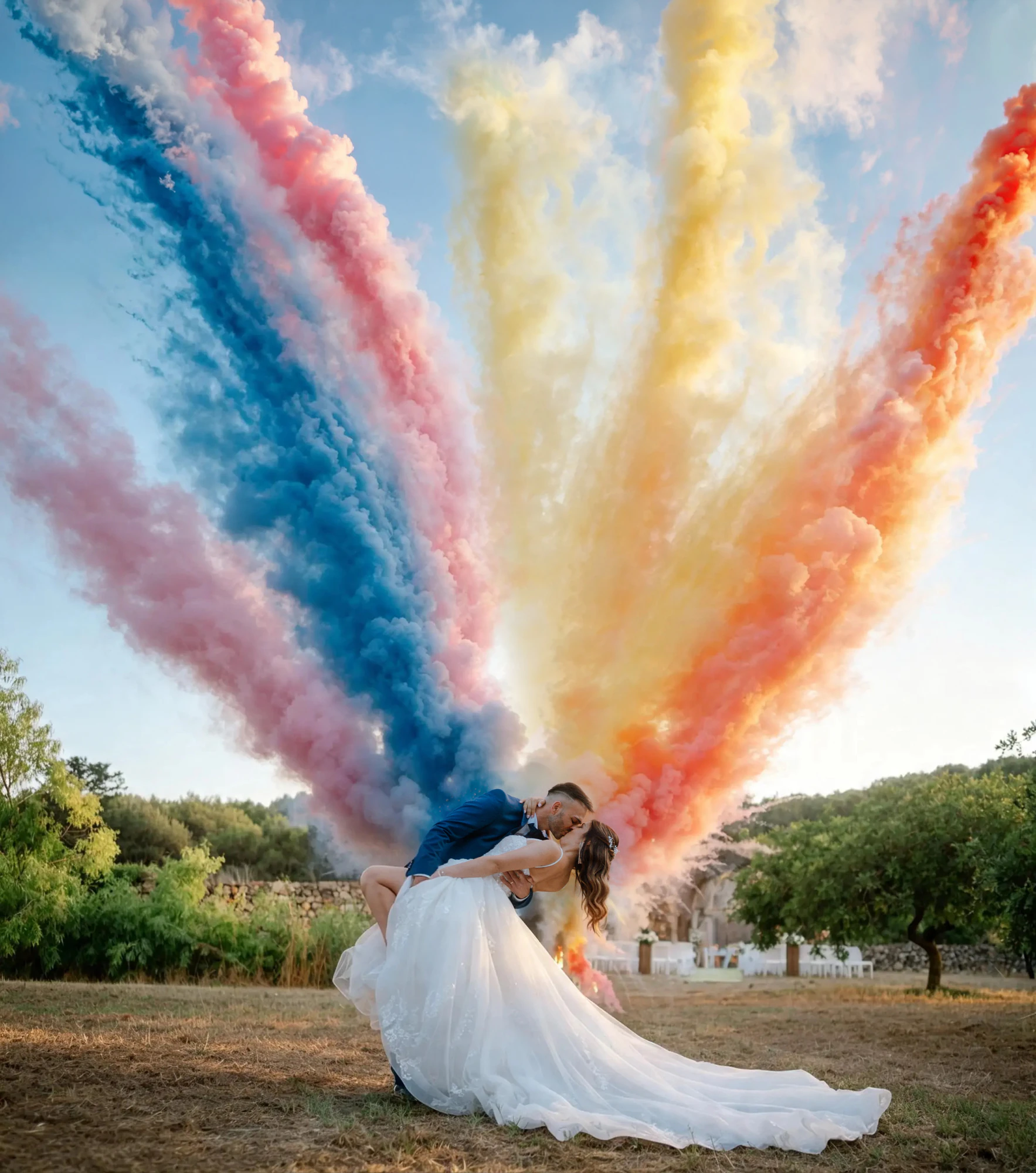 Casquè degli sposi sotto un ventaglio di fumo colorato