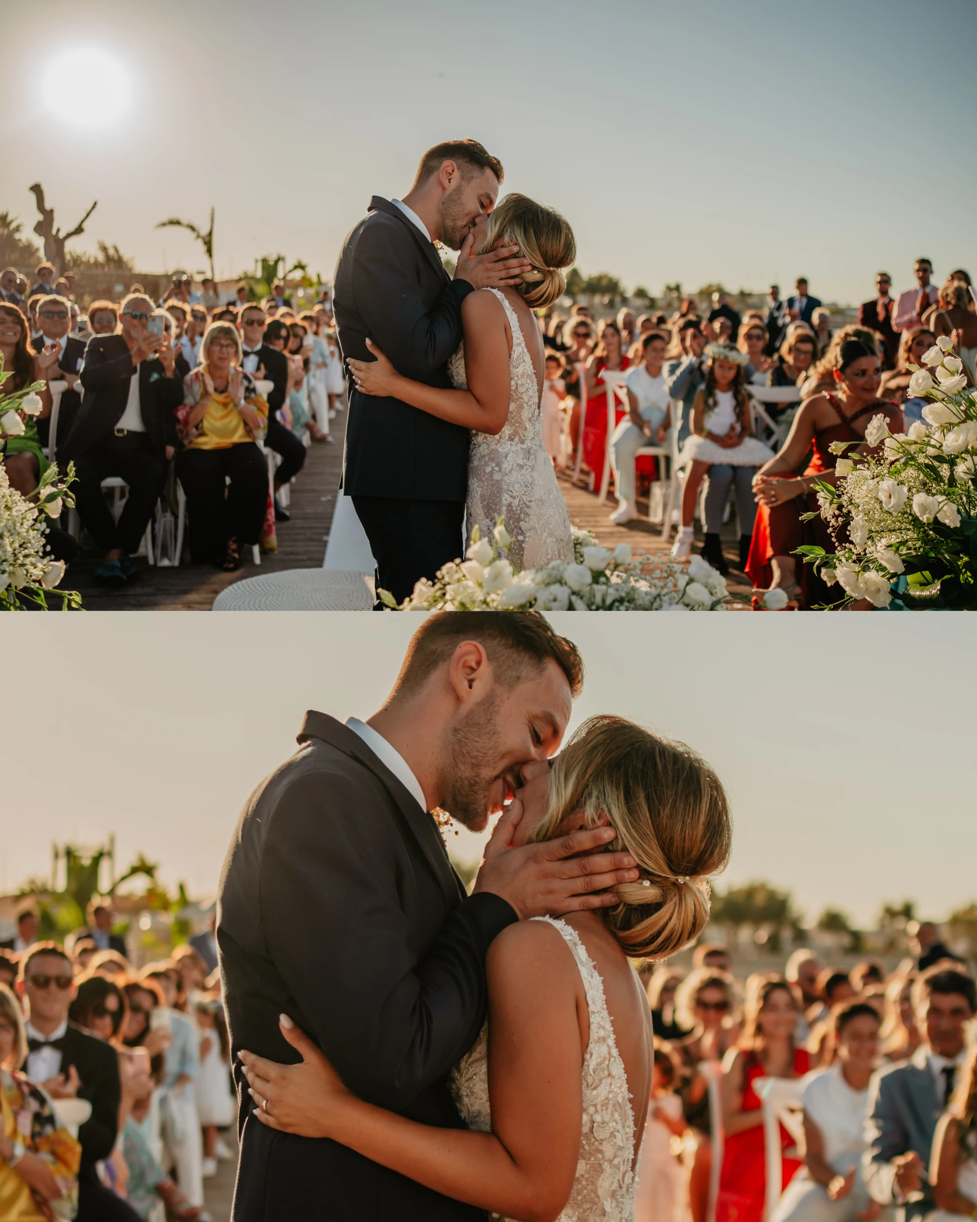 Emanuela Venuti fotografo matrimonio - bacio alla cerimonia in luce dorata